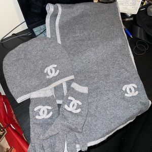 Matching Chanel gloves, hat and scarf